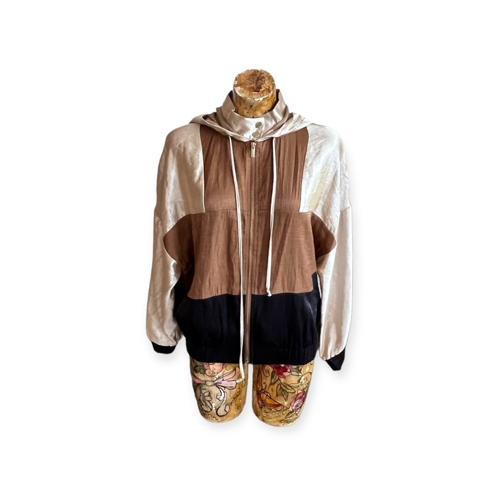 ZARA black brown gold jacket zip front hoodie hood small